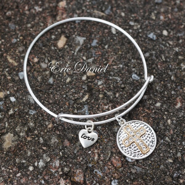 Cross Bangle Bracelet with Mini Heart Engraved With Inspirational Love. Two Tone Religious Bangle with CZ Stones