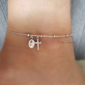 14K Solid Gold Or Sterling Silver Rosary Anklet - Virgin Mary Charm With Classic Cross in Yellow Gold or Silver, Religious Jewelry Designs