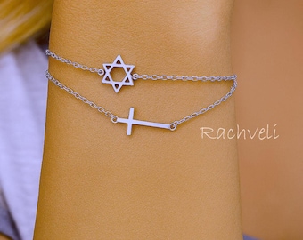 10K, 14K, 18K or Silver Interfaith Bracelet, Layered Star of David Charm with Sideways Cross, Yellow, Rose or White Gold For Woman or Girl.