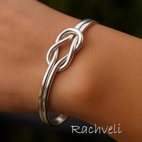 Sterling Silver Love Knot Cuff Bangle: Adjustable Infinity