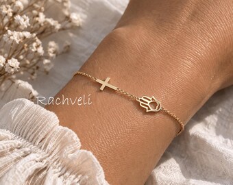 Sideways Hamsa Hand Bracelet With Cross, Protective Hand Of God Faith Gift.