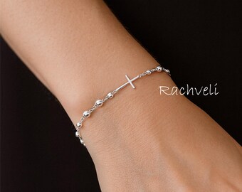 Sterling Silver Rosary Style Sideways Cross Bracelet, Religious Gift For Woman.