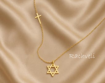 10K, 14K, 18K or Silver Interfaith Necklace: Star of David with Sideways Cross, Yellow, Rose or White Gold Designer Necklace For Woman.