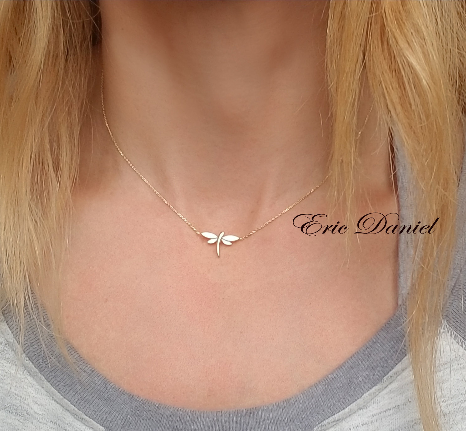 14K Yellow Gold Dragonfly Necklace Mini 
