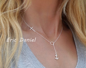 Solid Gold 10K, 14K or 18K Lariat Necklace with Sideways Cross and Drop Anchor Charm, Religious Necklace in Yellow, Rose or White Gold.