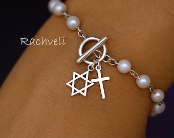 Natural Pearl Bracelet with Toggle Clasp, Star of David  & Cross Charms, Interfaith Jewelry, Sterling Silver, Yellow or Rose Gold.