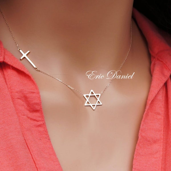 Star Of David Necklace with Sideways Cross in Sterling Silver or Solid Karat Gold:  10K, 14K or 18K Gold in White, Yellow or Rose Gold.