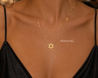 Star of David Necklace with Sideways Cross, Sterling Silver or Gold Interfaith Jewelry, Religious Gift.