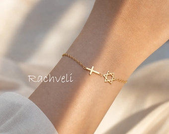 Star of David Sideways Cross Bracelet: Interfaith Jewelry, Sterling Silver or Gold