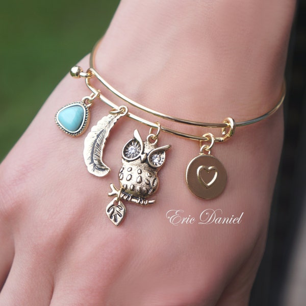Final Sale - Owl Charm Bangle with Feather, Heart and Turquoise Charms, Bangle Available in Silver and Gold Tone, Stacking Bangle.
