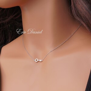 10K, 14K, or 18K White, Yellow or Rose Solid Gold Mini Key Necklace, Dainty Sideways Key Pendant, Gift for Girlfriend, Wife, Daughter.