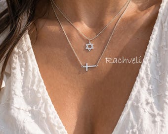 10K, 14K, 18K or Silver Interfaith Necklace, Star of David with Sideways Cross, Layered Chains.
