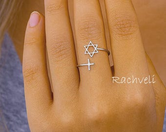 10K, 14K or 18K Solid Gold or Silver Star Of David & Sideways Cross, Yellow, Rose or White Gold, Interfaith