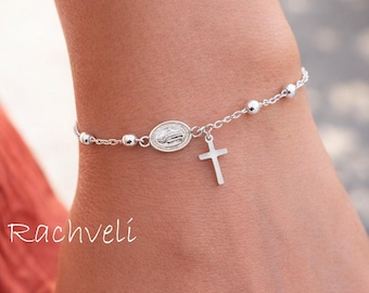 Virgin Mary Rosary Bracelet in Sterling Silver, Religious Bracelet for Kids or Adults, Prayer Bracelet With Cross, Faith Gift.
