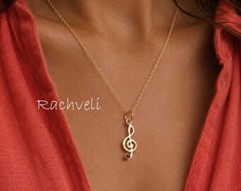Sideways Treble Clef Necklace, Music Note Pendant With Personalized Birthstone.