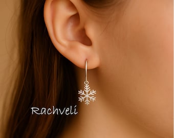 14K Solid White Gold Snowflake Earrings, Winter Celebration Gift, Christmas Gift, New Year Gift for Woman