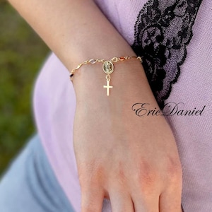 Yellow Gold-Filled Virgin Mary Rosary Bracelet with Cross, Religious Bracelet for Kids or Adults, Gemstones Bracelet, Faith Inspiration Gift