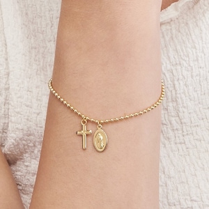 14K Solid Gold Beaded Rosary Bracelet with Virgin Mary Charm With Cross in Yellow Gold, Blessed Mother Medal, Miraculous Medal Bracelet