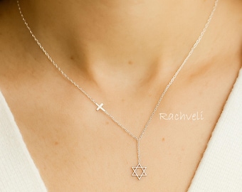 Star OF David Necklace With Sideways Cross, Lariat Style Custom Design in Sterling Silver, Yellow or Rose Gold, Interfaith Necklace.