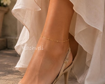 14K Solid Gold Diamond Cut Beaded Adjustable Anklet For Woman.