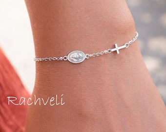 Sideways Virgin Mary Rosary Bracelet in Sterling Silver, Religious Prayer Bracelet With Cross, Faith Gift.