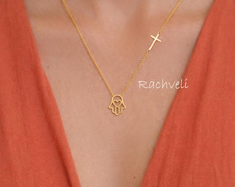 10K, 14K or 18K Solid Gold Hamsa Hand With Heart & Cross in Yellow, Rose or White Gold, Protective Sacred Symbols.