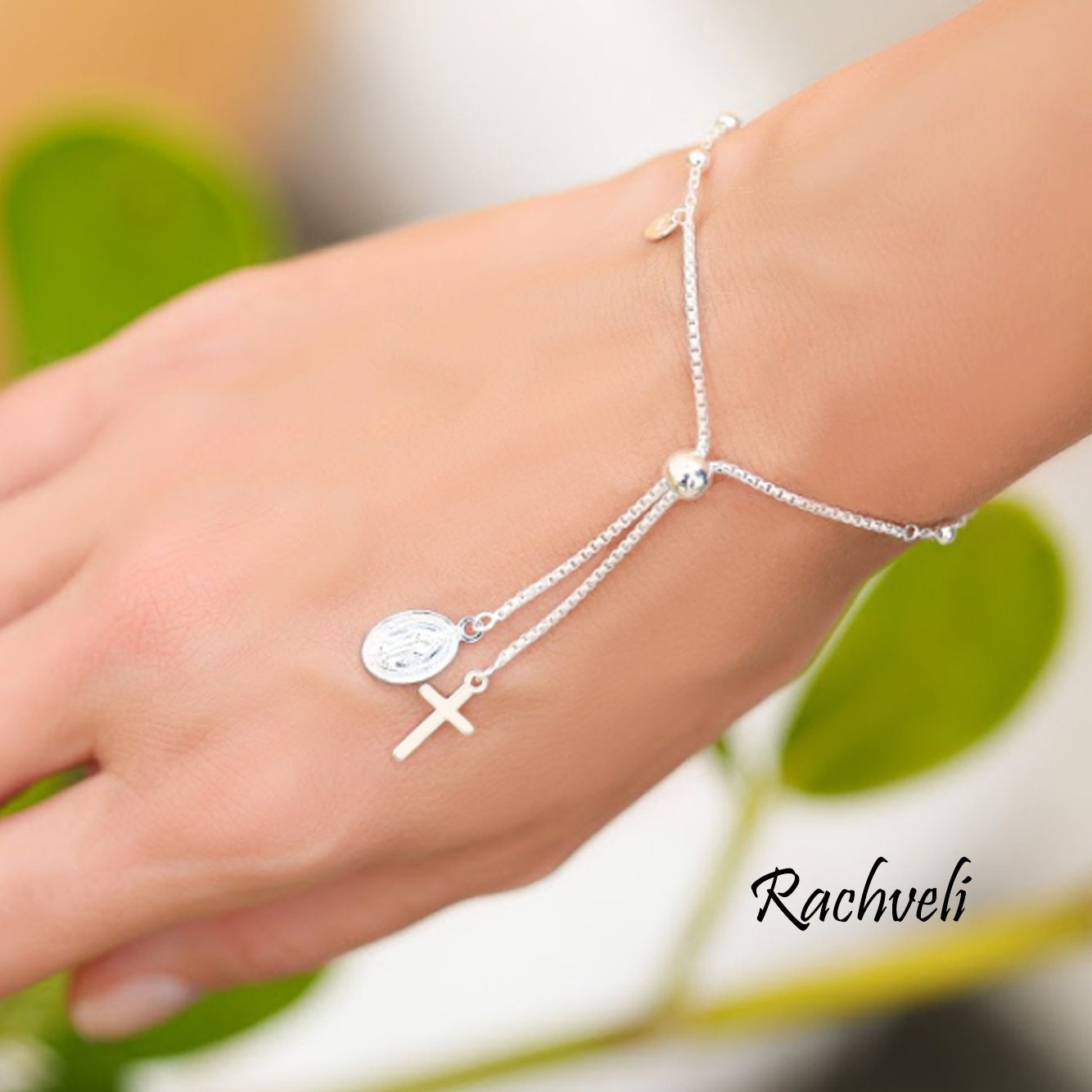 Sterling Silver Rosary Bracelet: Virgin Mary, Cross Charm