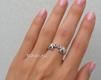 Sterling Silver Elephants in Love Ring for Wife, Bride, Girlfriend, Love Promise, Good Luck, Together Forever, Protection.