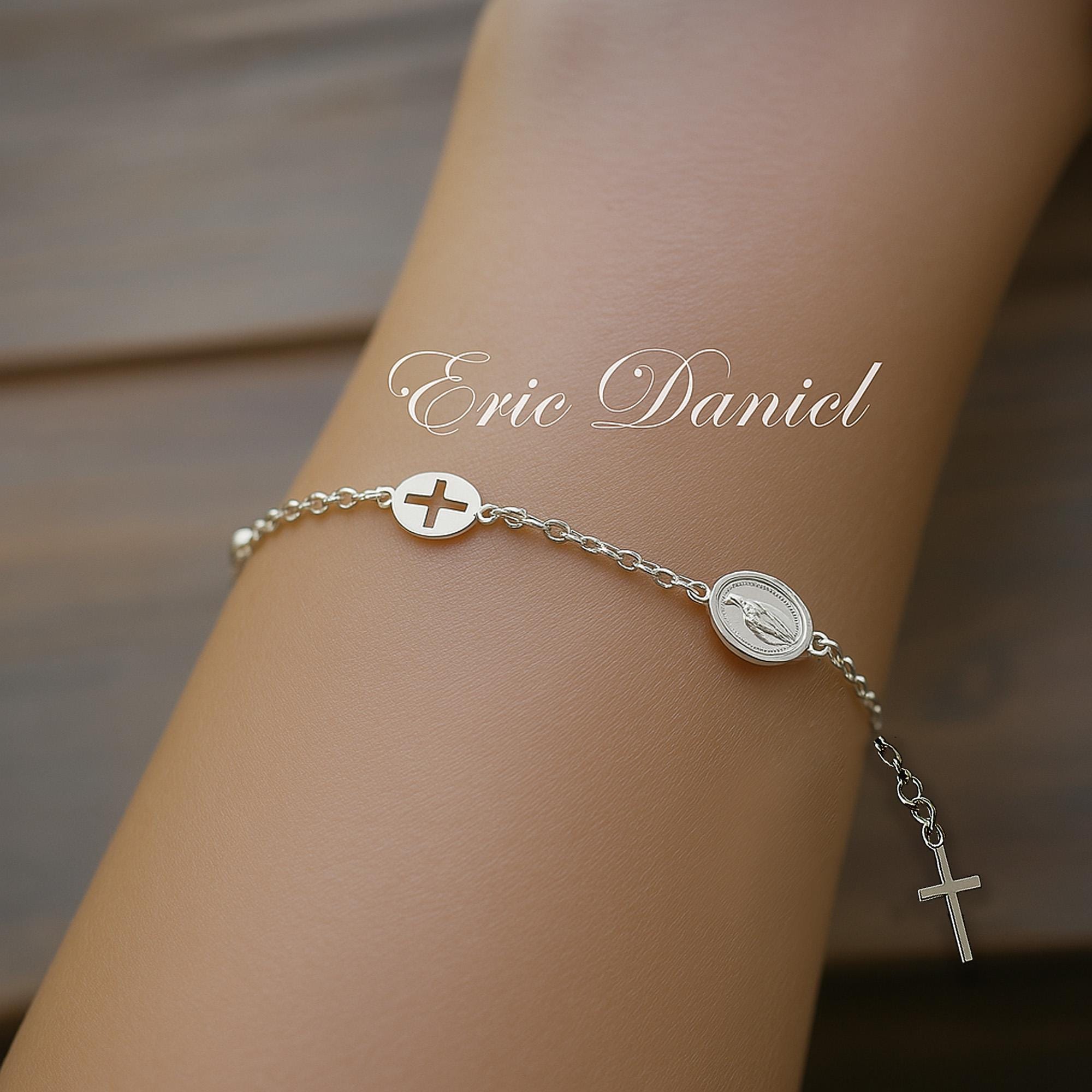 AKA Gioielli Rosenkranz Armband 925 Silber – Mit Jungfrau Maria Medaille & Kreuz, Längenverstellbar 17–21 Cm