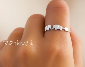Elephant Ring With Mother and Babies in Sterling Silver, Yellow or Rose Gold, Good Luck Ring, Elephant Jewelry, Gift For Mother.
