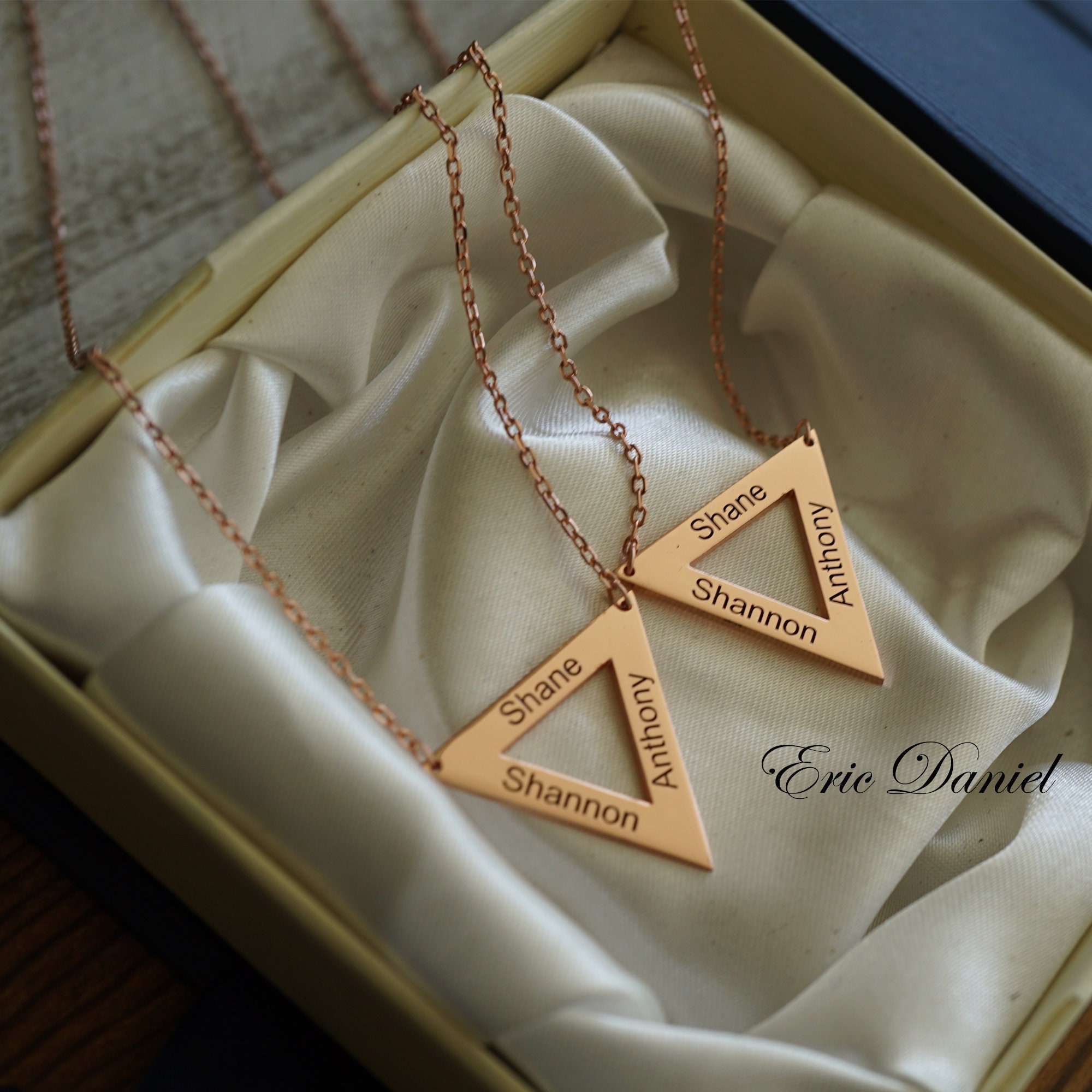 Personalized Triangle Necklace: Engraved Names in Sterling Silver