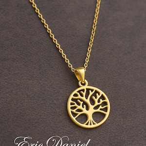 Baum des Lebens Charm Halskette in Sterling Silber und Gelbgold, Stammbaum Schmuck mit Kabelkette.