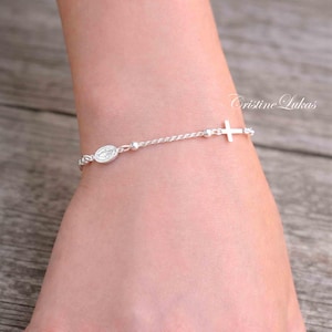 Sterling Silber Rosenkranz Armband: Jungfrau Maria, Seitlich Kreuz, Verstellbar