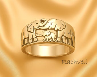 Solid Gold Elephant Family Ring: Good Luck Unisex Band