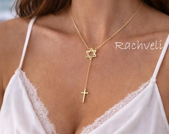 10K, 14K, 18K Solid Gold or Silver Star Of David & Cross Lariat Necklace in White, Yellow or Rose Gold, Interfaith Gift.