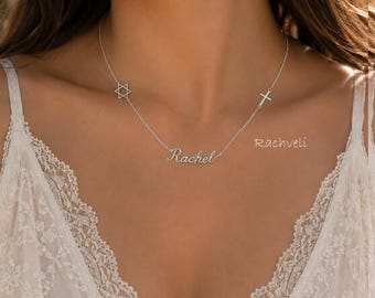 Personalized Star of David & Cross Necklace With Custom Name, Solid Gold or Silver