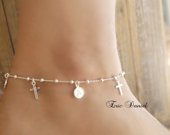 Angel Charms and Crosses Rosary Anklet in Sterling Silver, Yellow or Rose Gold, Protective Amulet Anklet for Kids or Adults, Adjustable