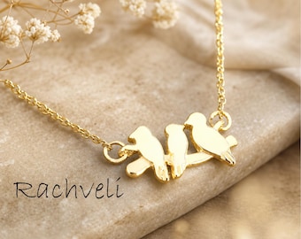 10k, 14k or 18k Solid Gold Family Bird Necklace, Mother & Baby Birds on The Tree Branch in White, Yellow or Rose Gold - Family Union
