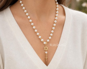 Natural Pearl Rosary Necklace with Star of David & Upright Cross, Lariat Interfaith Gift.