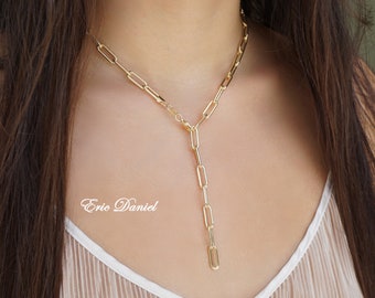 Large Lariat Paperclip Necklace 18K Gold Filled, Bulky Chain Necklace, Y Necklace, Stackable Style Specialty Chain.