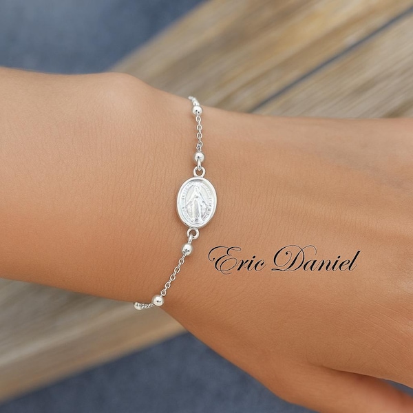 Virgin Mary Rosary Bracelet in Sterling Silver, Religious Bracelet for Kids or Adults, Adjustable Bracelet.