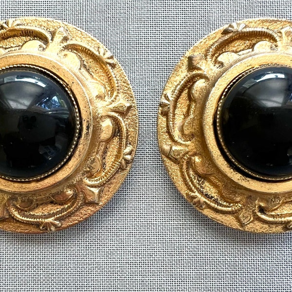 Huge EDOUARD RAMBAUD Paris Signed ETRUSCAN Revival Shield Vintage Earrings Black Gripoix Cabochon Gilt Gold Clip Designer Runway Couture