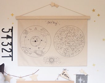 Small Solar System and Constellations Fabric Wall Hanging Natural Organic Cotton 68x46cm - now with eyelet option