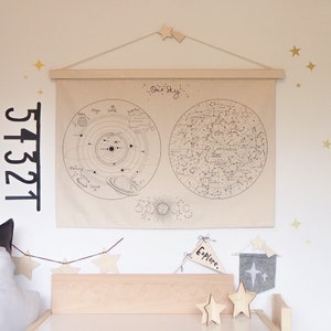 Small Solar System and Constellations Fabric Wall Hanging Natural Organic Cotton 68x46cm - now with eyelet option