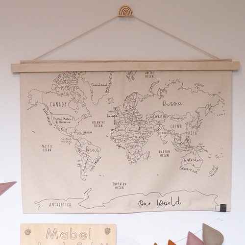 Large World Map Fabric Wall Hanging 96x66cm Natural Organic Etsy