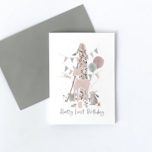 Cartão de primeiro aniversário, pode ser personalizado, animais da parte da floresta, cartão de aniversário da floresta, cartão de aniversário de animais, cartão de primeiro aniversário, personalizado