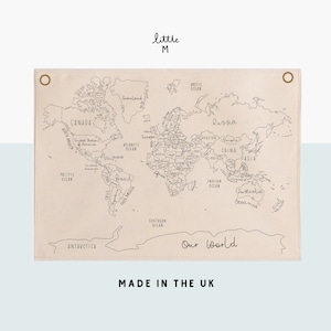 Small World Map Fabric Wall Hanging  Made In The UK, Natural Organic Cotton 67x46cm - more hanging options.