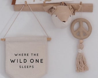 Where The Wild One Sleeps Hanging Banner 24x24cm more lettering colours available
