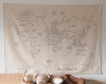 Large World Map Fabric Wall Hanging 96x66cm Natural Organic Cotton PREORDER