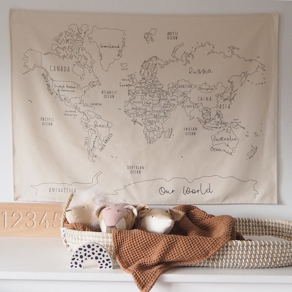 Large World Map Fabric Wall Hanging 96x66cm Natural Organic Cotton PREORDER